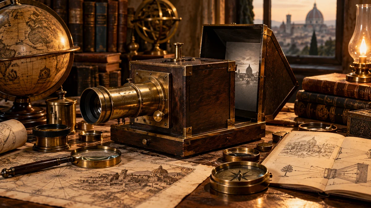 Antique wooden and brass camera with optical instruments and historical papers arranged on a collector desk