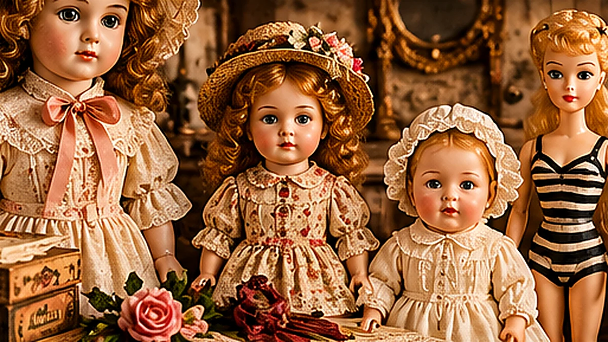 Antique and vintage collectible dolls in period clothing displayed under warm museum-style lighting
