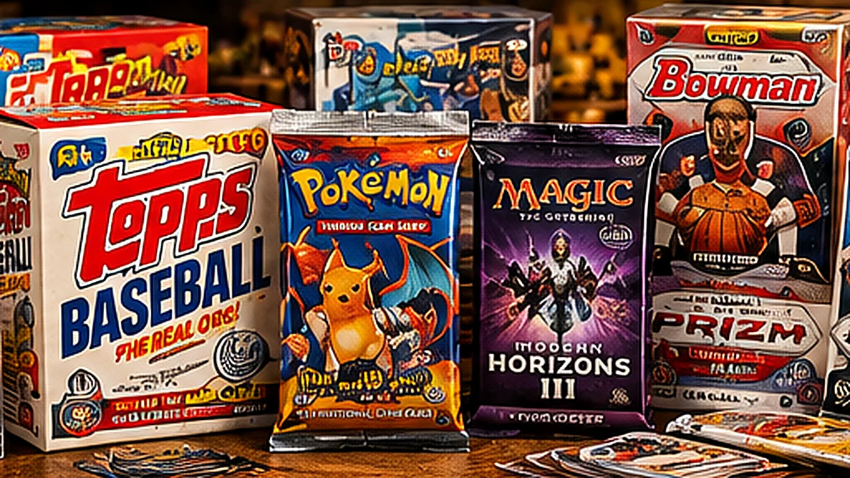 Sealed vintage-style sports and trading card packs displayed with modern foil packs on a collector workbench